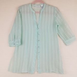 JH Collectibles Womens Blouse S Green Stripe 3/4 Sleeve‎ Semi Sheer Button Shirt